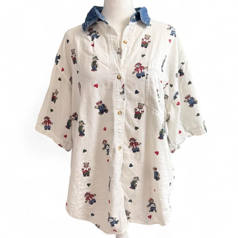 Vintage 90s Quizz Teddy Bear Button Down Shirt White Size Large